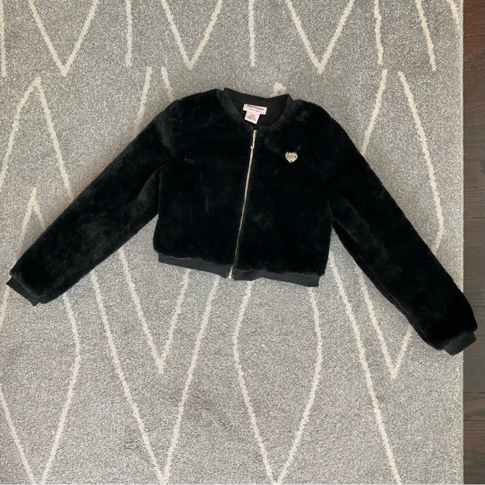 Juicy Couture Black Faux Fur Cropped Zip Up Jacket